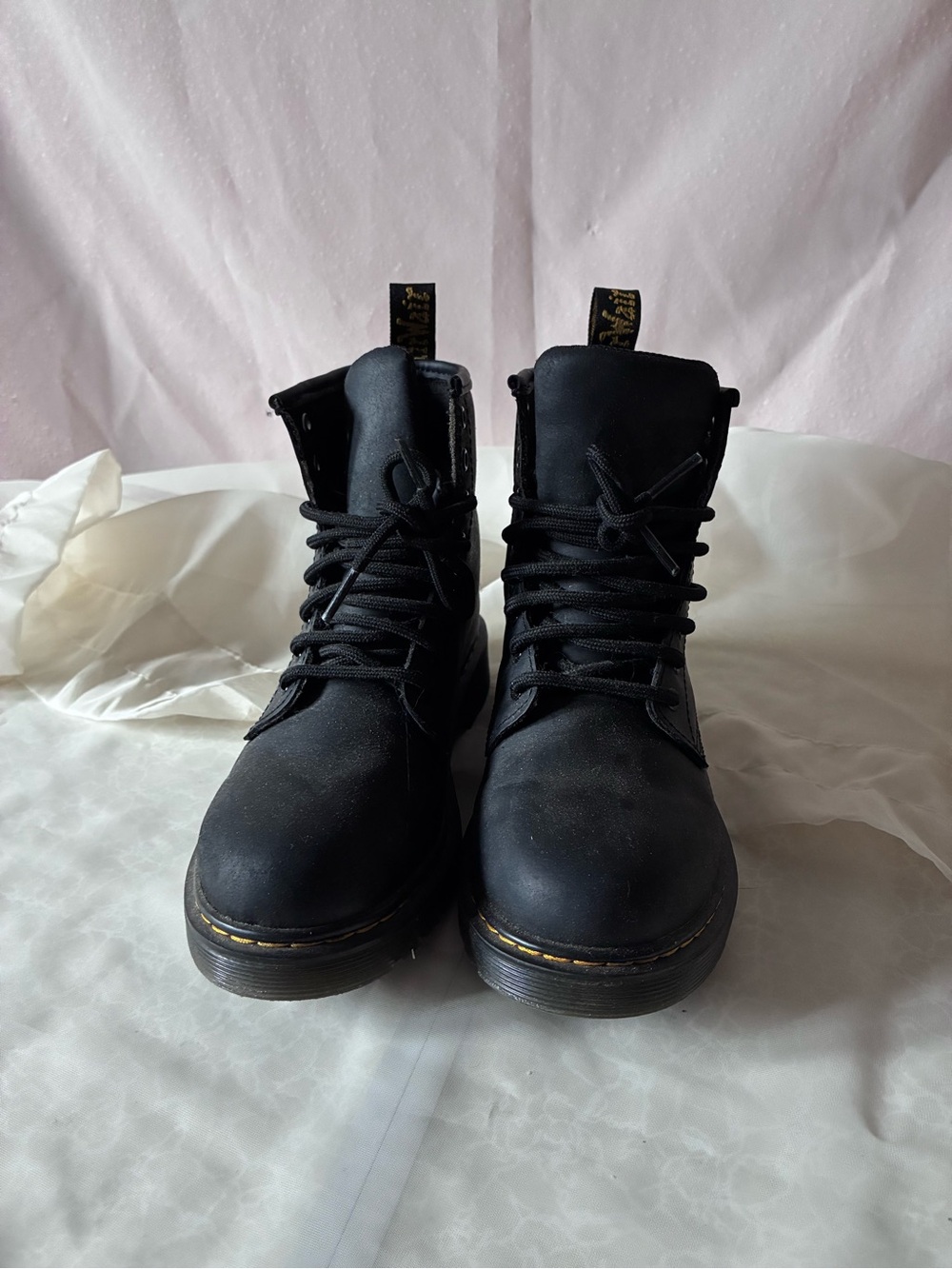 Dr. Martens Black Lace-Up Combat Boots with Yellow Stitching